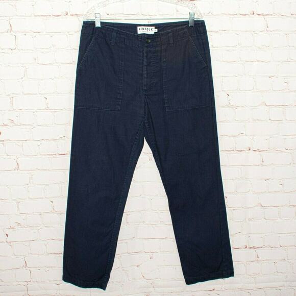 KINFOLK Men's Navy Fatigue Pants Button Fly front pockets size 32 - Picture 1 of 12